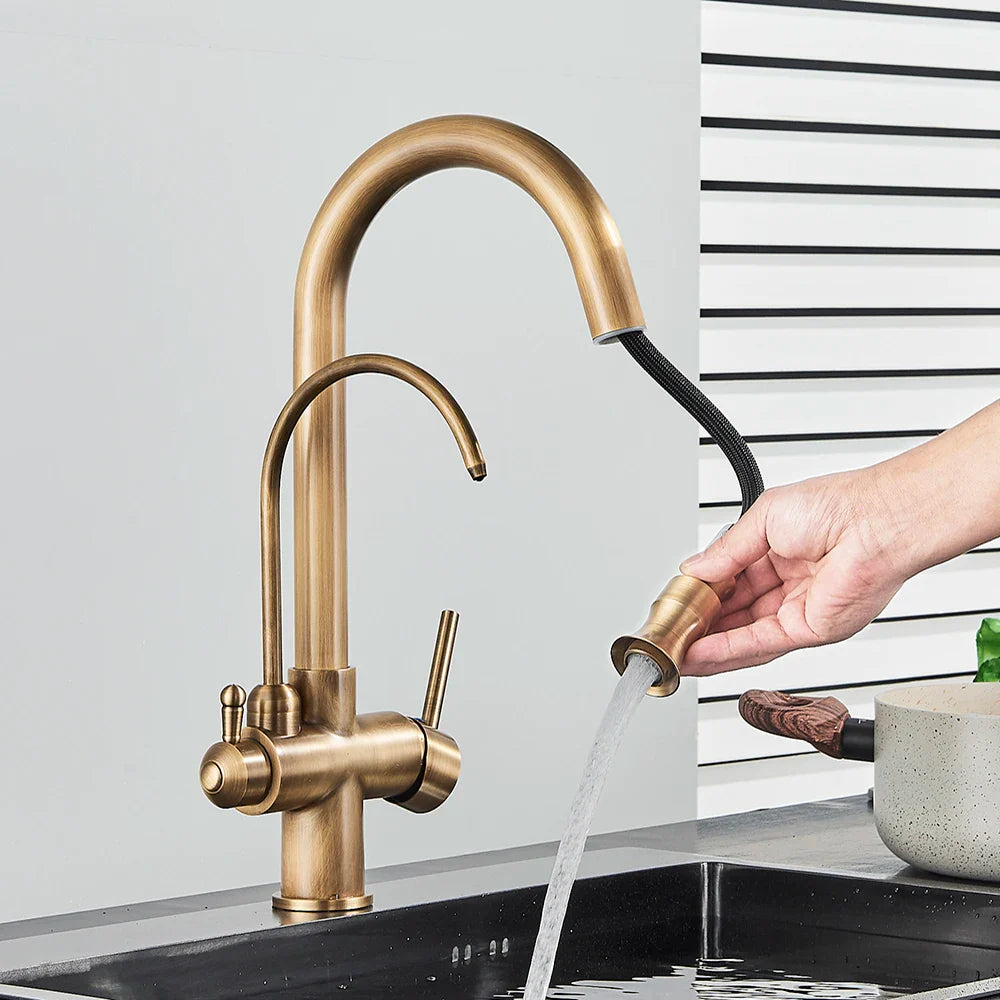 Antike Messing Küchenarmatur mit Wasserfilter und Dual Griff – Spültischarmatur für heißes und kaltes Wasser-3