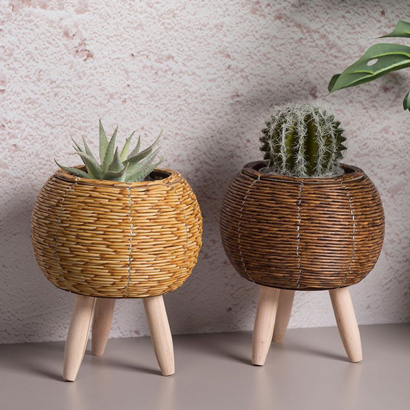 Eleganter Blumentopf aus Imitationsrattan mit abnehmbaren Beinen – 14 cm x 21,5 cm für Innen und Außen-4