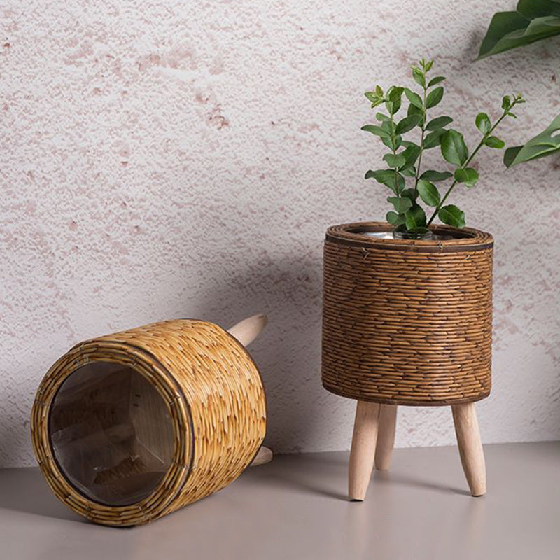 Eleganter Blumentopf aus Imitationsrattan mit abnehmbaren Beinen – 14 cm x 21,5 cm für Innen und Außen-3